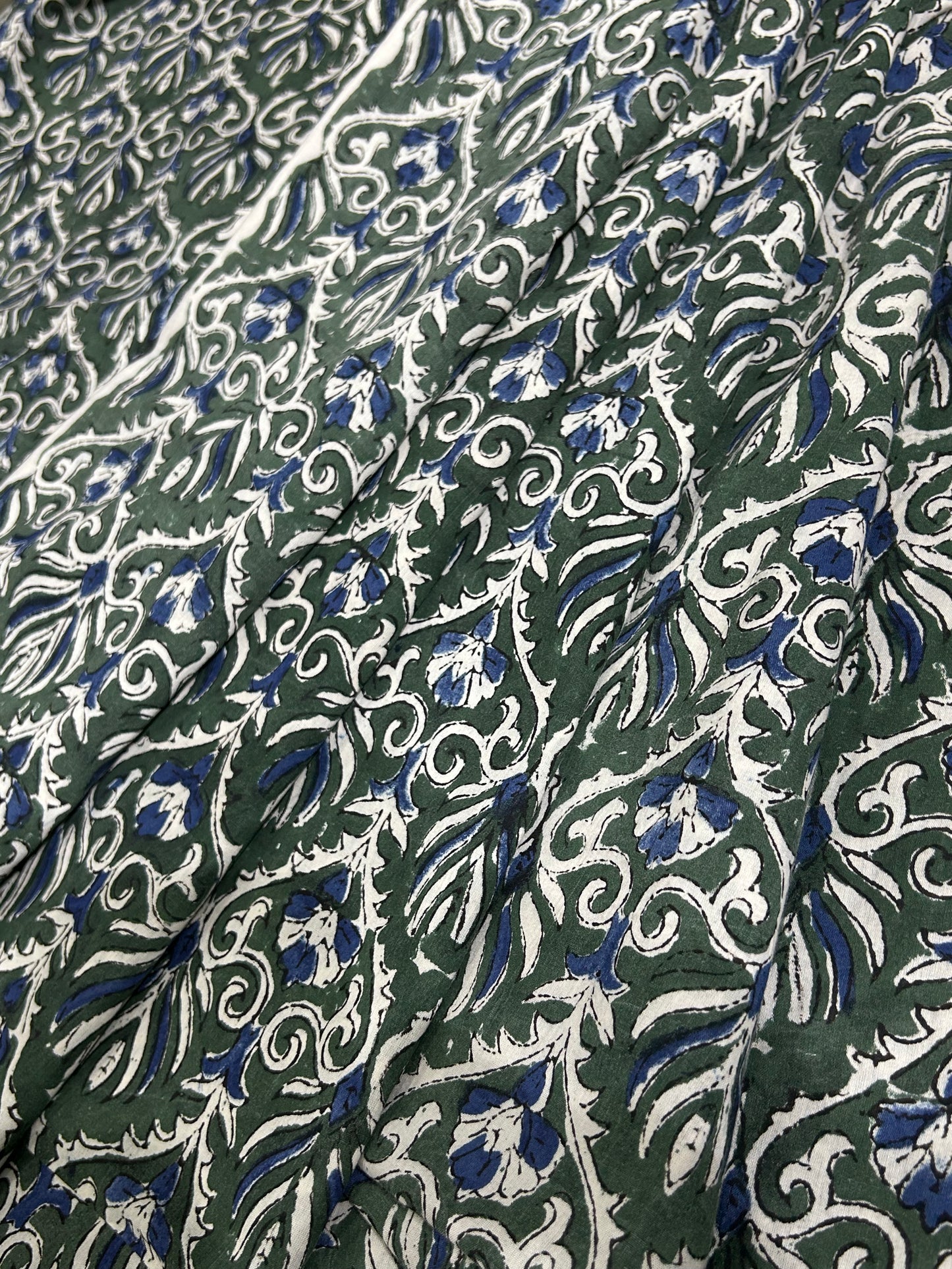 Dark Green Botanical Scroll  Fakira Hand Block Printed Fabric