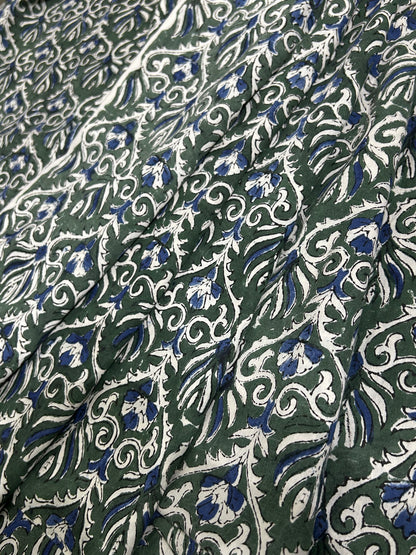 Dark Green Botanical Scroll  Fakira Hand Block Printed Fabric