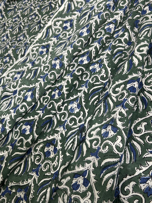 Dark Green Botanical Scroll  Fakira Hand Block Printed Fabric