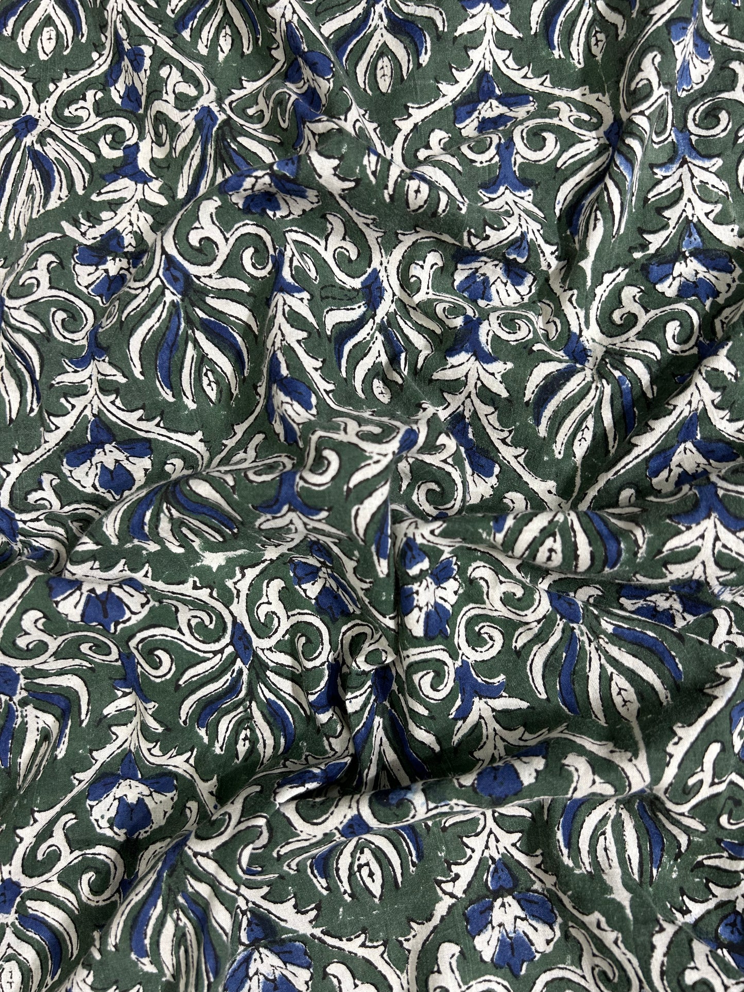 Dark Green Botanical Scroll  Fakira Hand Block Printed Fabric