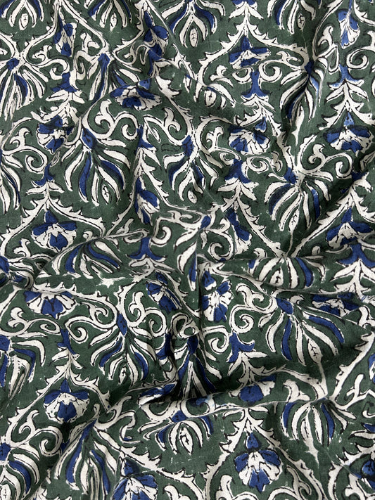Dark Green Botanical Scroll  Fakira Hand Block Printed Fabric