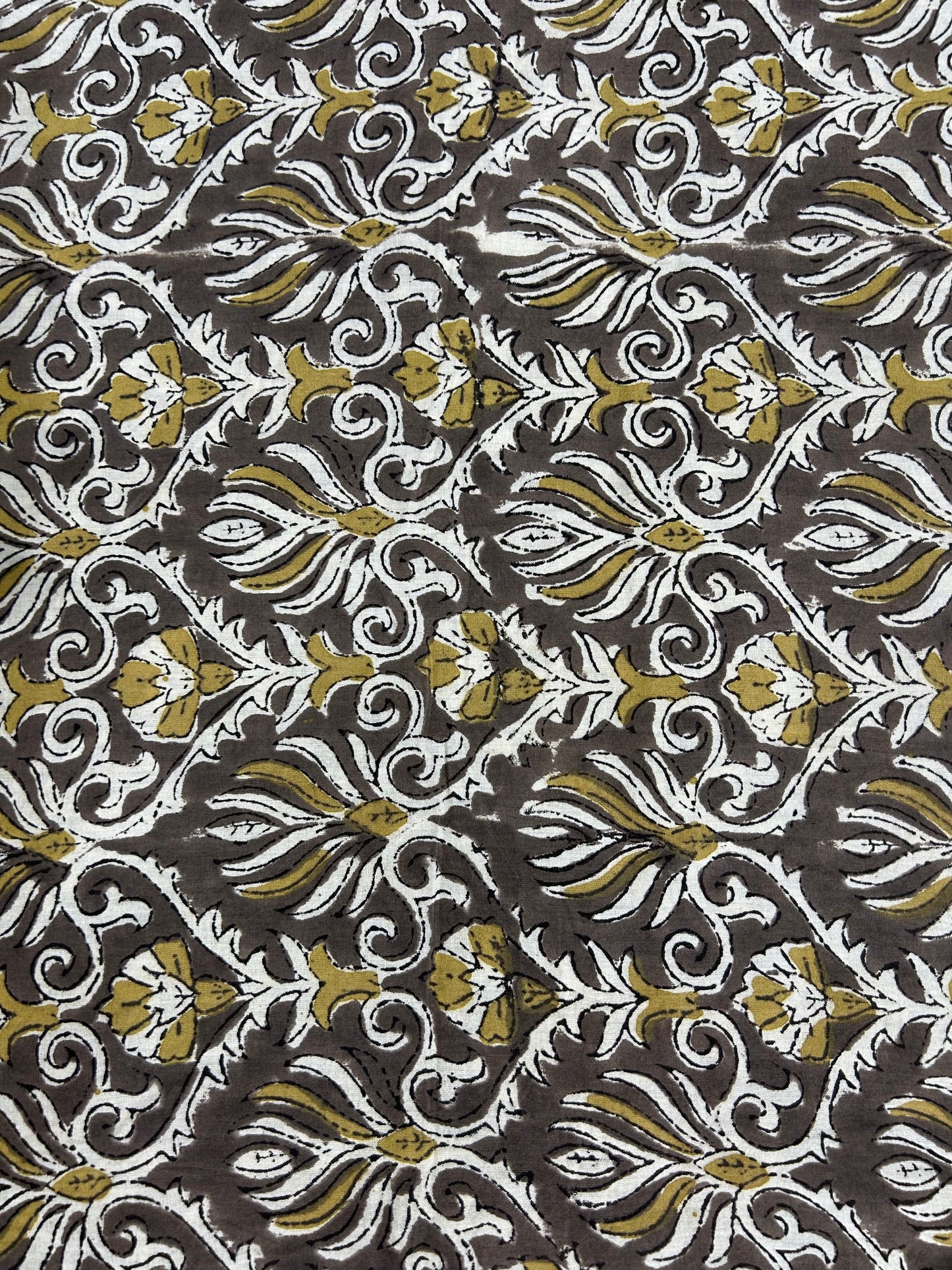 Brown Ornamental Vine Fakira Hand Block Printed Fabric