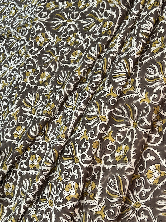 Brown Ornamental Vine Fakira Hand Block Printed Fabric