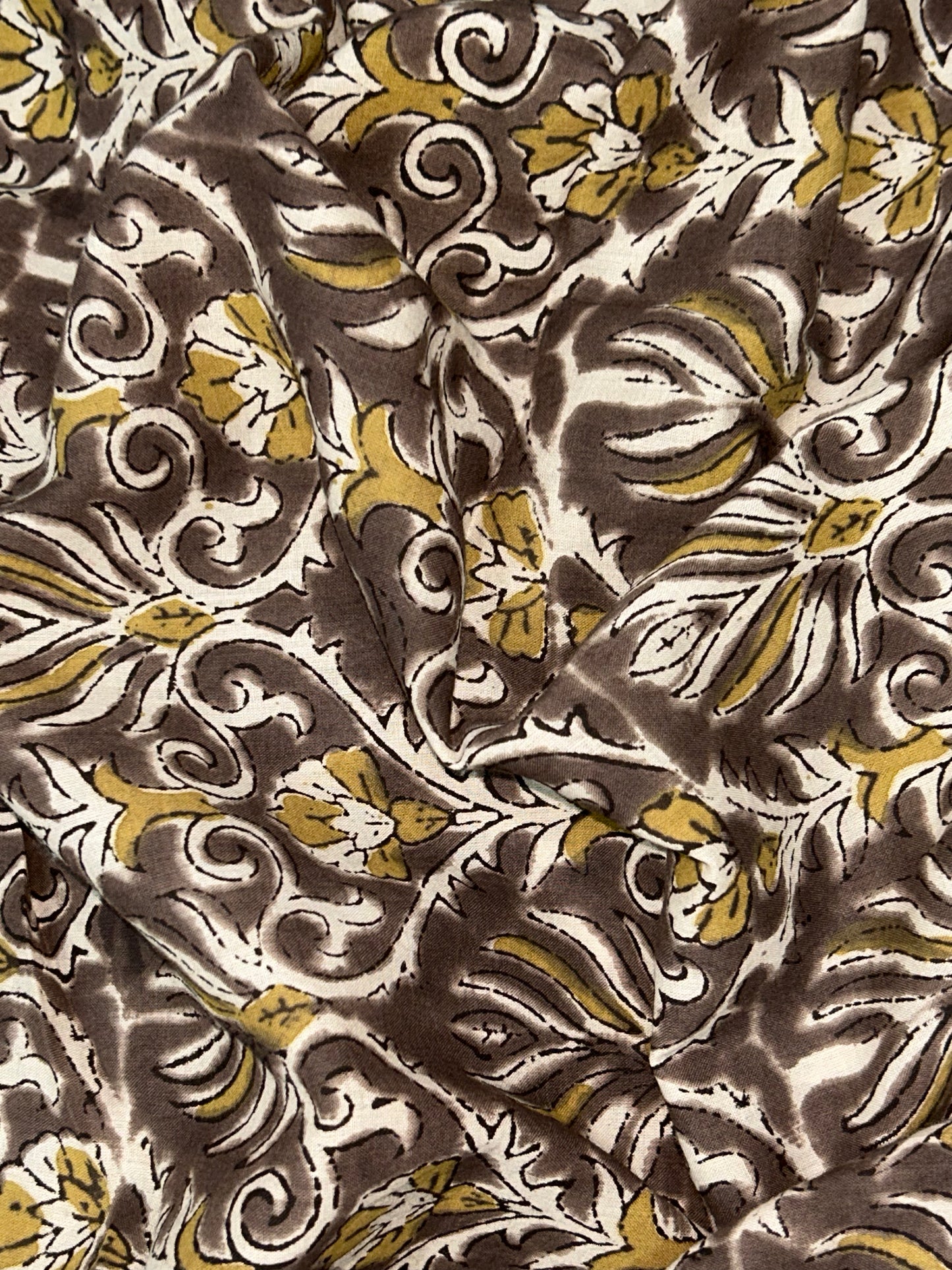 Brown Ornamental Vine Fakira Hand Block Printed Fabric