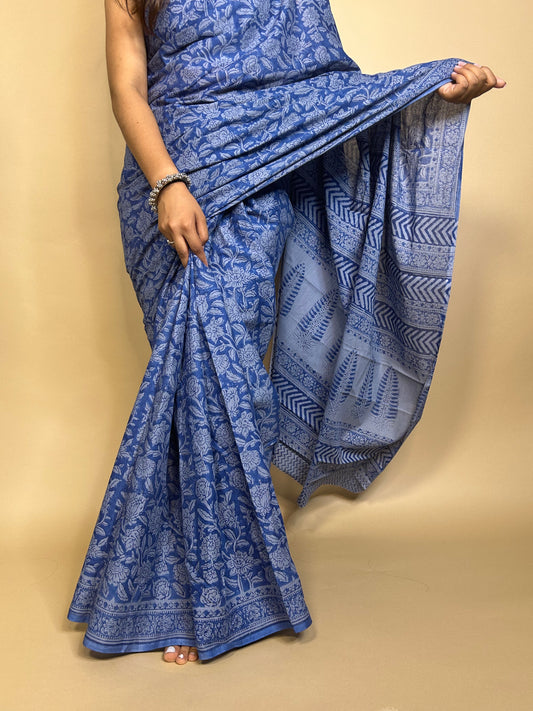 Blue Pastel Poetry Handblock Printed Cotton Saree