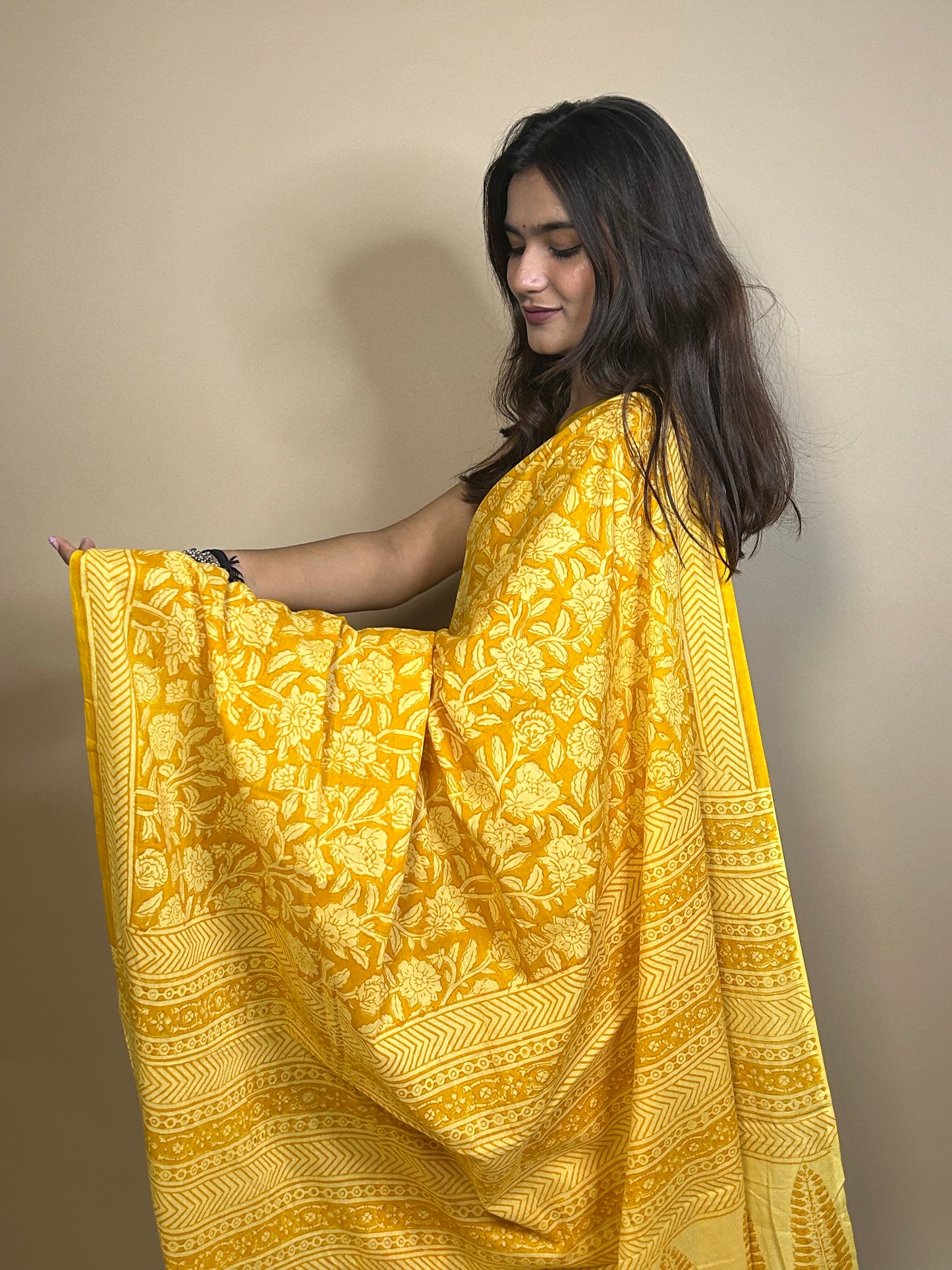 Yellow Pastel Poetry Handblock Printed Cotton Saree