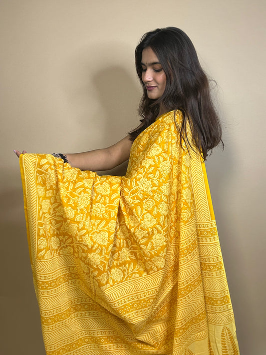 Yellow Pastel Poetry Handblock Printed Cotton Saree