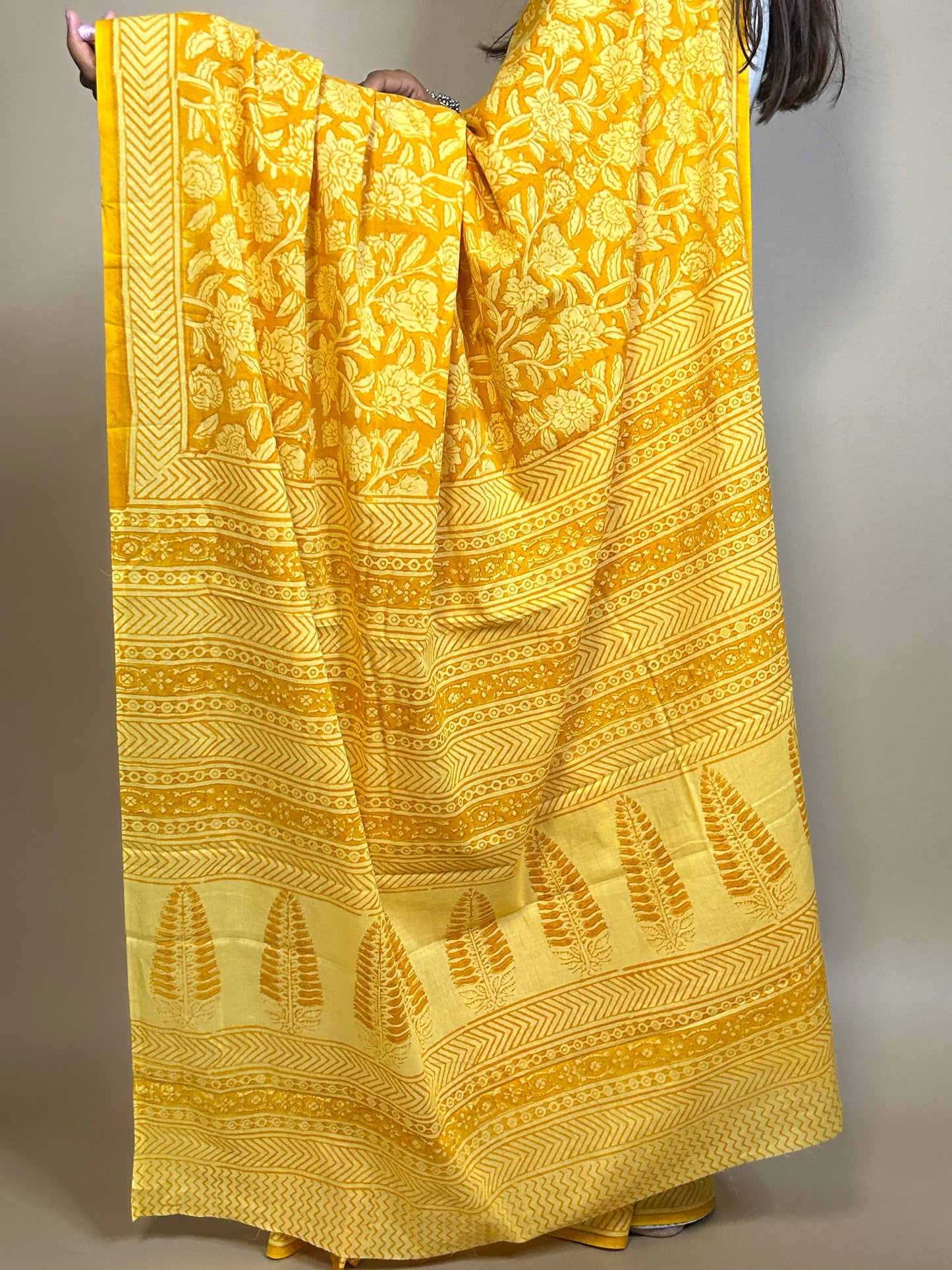 Yellow Pastel Poetry Handblock Printed Cotton Saree