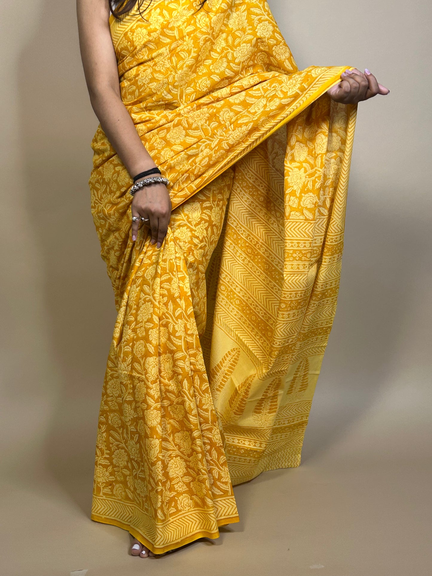 Yellow Pastel Poetry Handblock Printed Cotton Saree