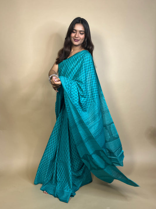 Teal Blue Pastel Poetry Handblock Printed Cotton Saree