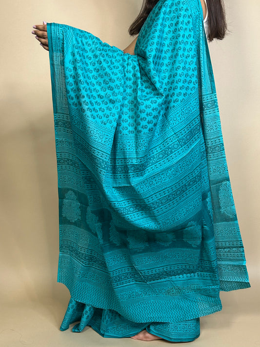 Teal Blue Pastel Poetry Handblock Printed Cotton Saree