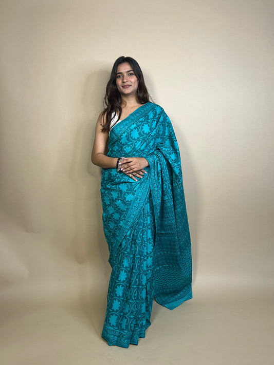 Teal blue Pastel Poetry Handblock Printed Cotton Saree