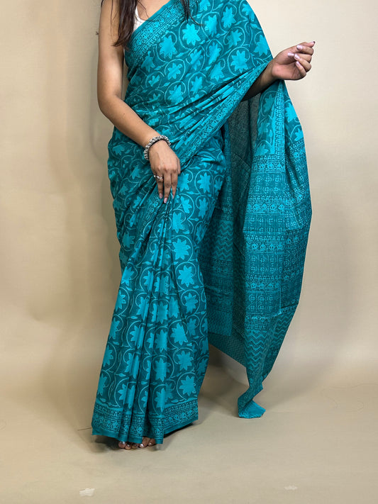 Teal blue Pastel Poetry Handblock Printed Cotton Saree