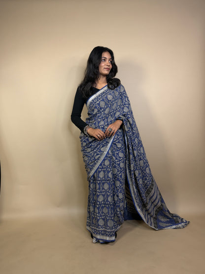 Handblock Printed Linen Saree