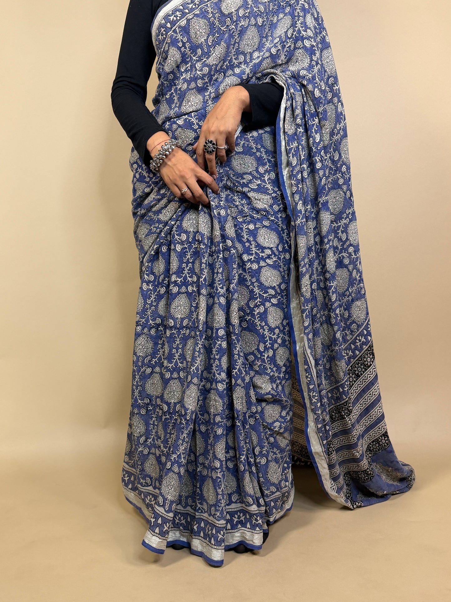 Handblock Printed Linen Saree