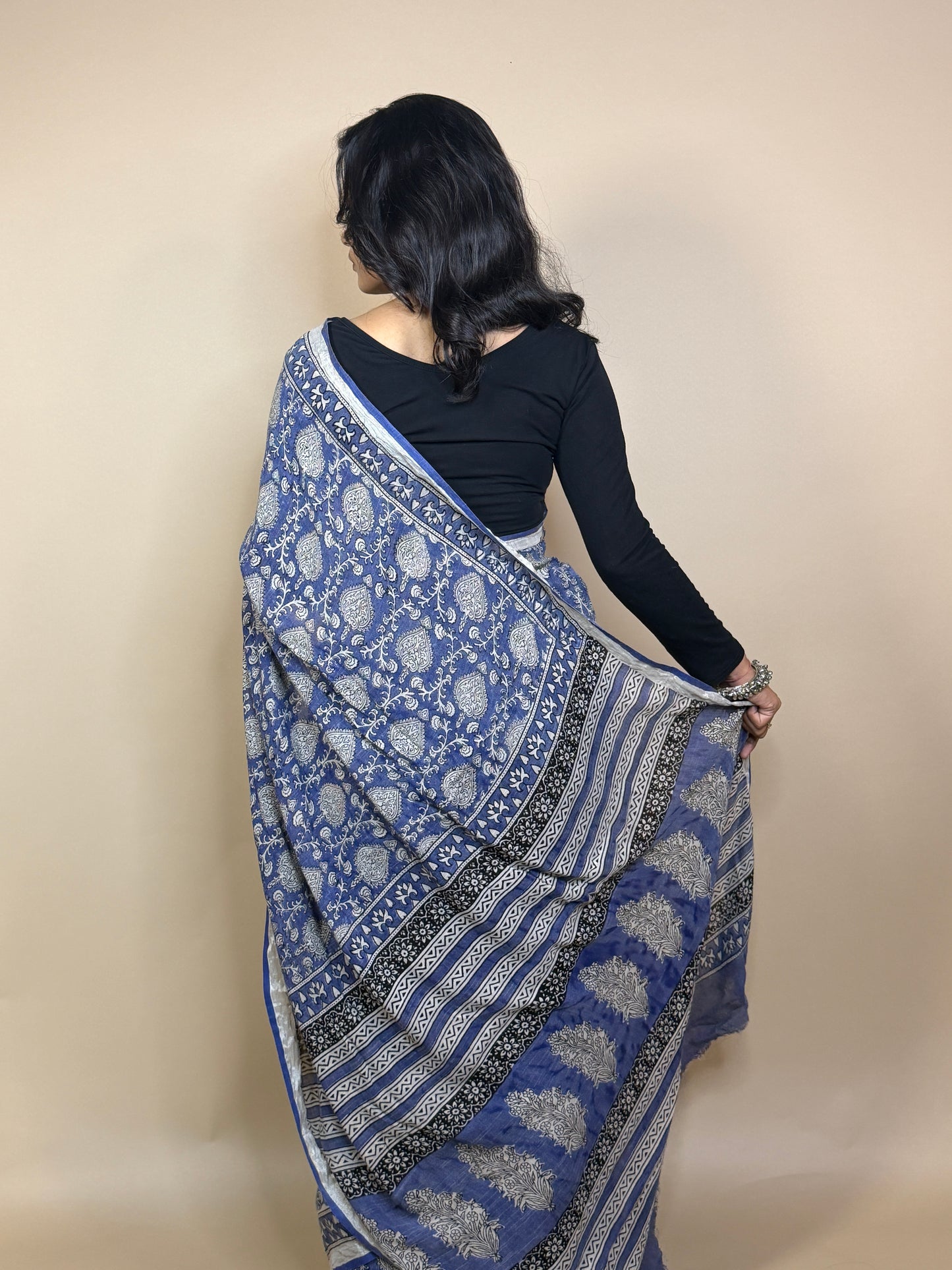 Handblock Printed Linen Saree
