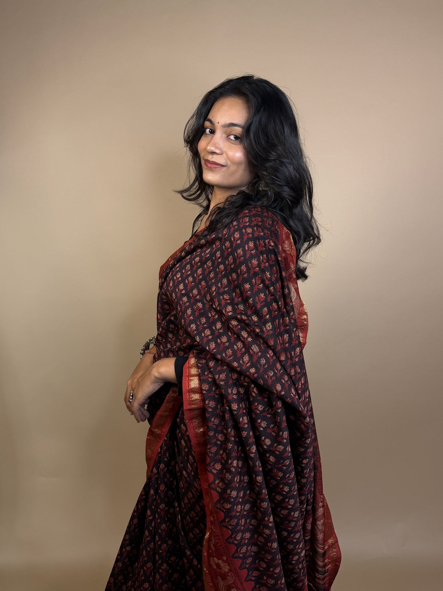 Maheshwari Handblock Printed Silk Saree