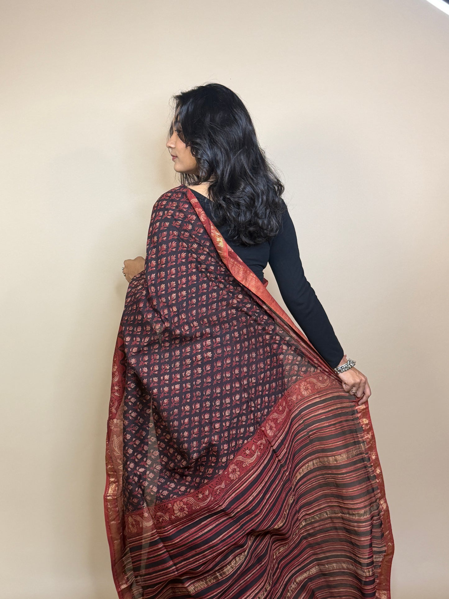 Maheshwari Handblock Printed Silk Saree