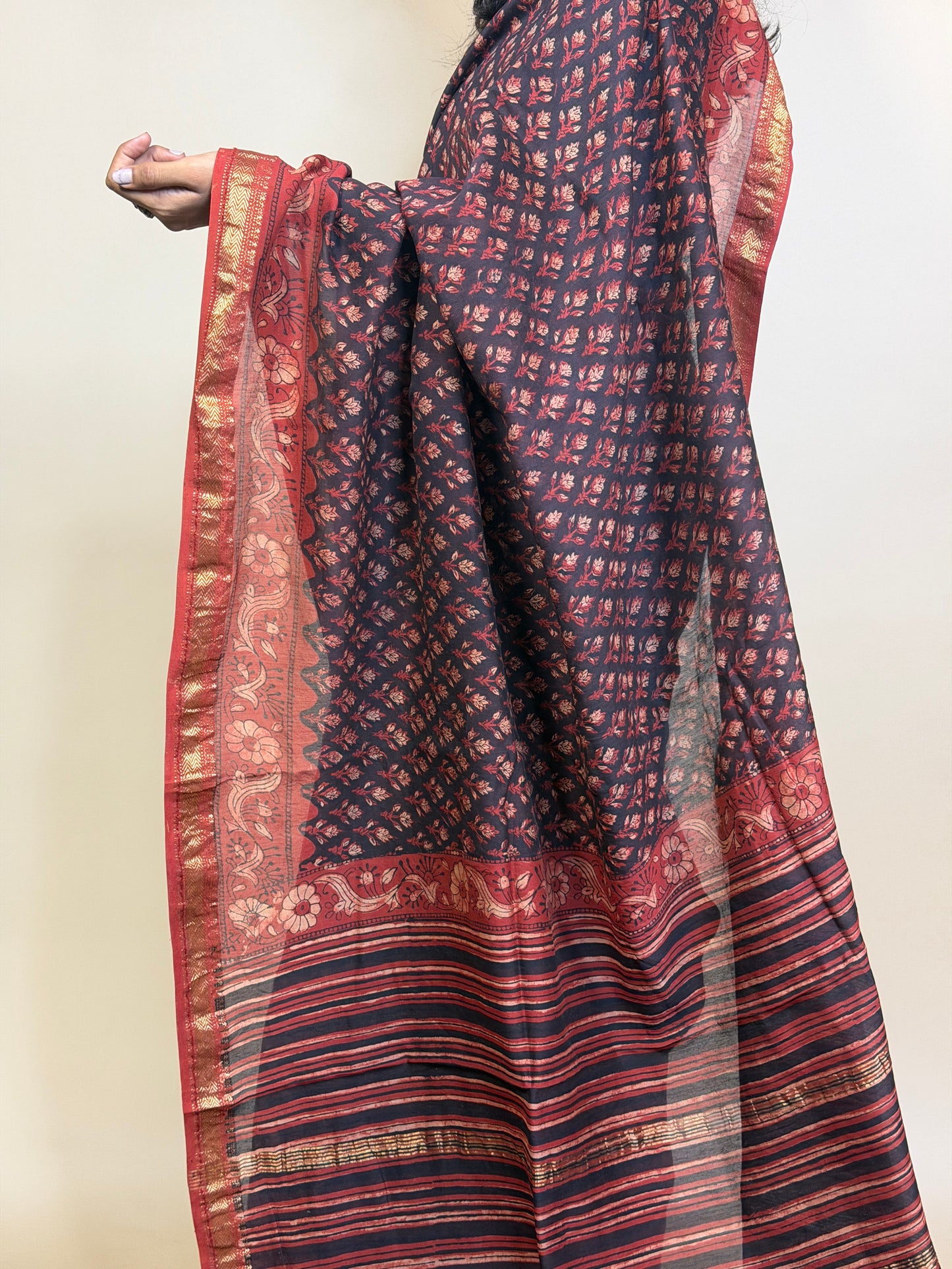 Maheshwari Handblock Printed Silk Saree