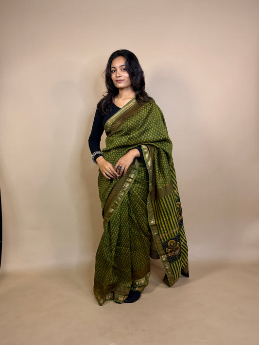 Olive green Maheshwari Handblock Printed Silk Saree