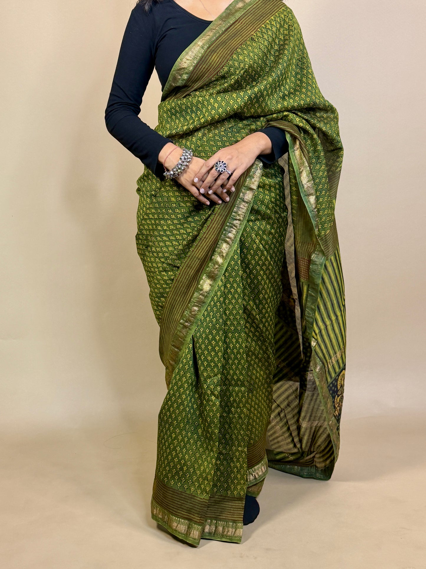 Maheshwari Handblock Printed Silk Saree