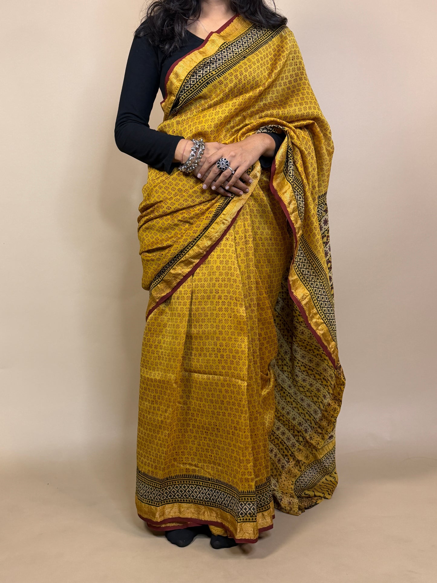 Maheshwari Handblock Printed Silk Saree