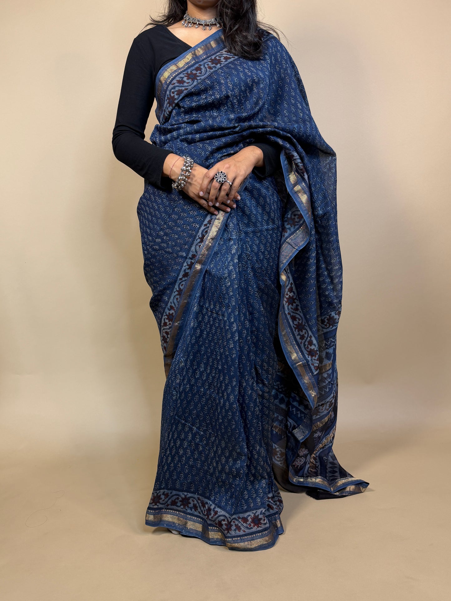 Maheshwari Handblock Printed Silk Saree