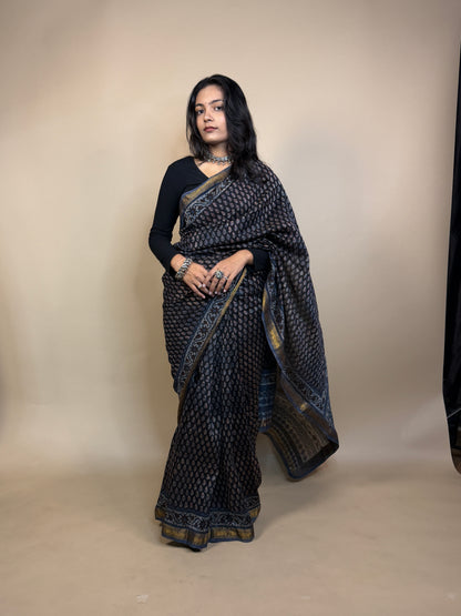 Maheshwari Handblock Printed Silk Saree
