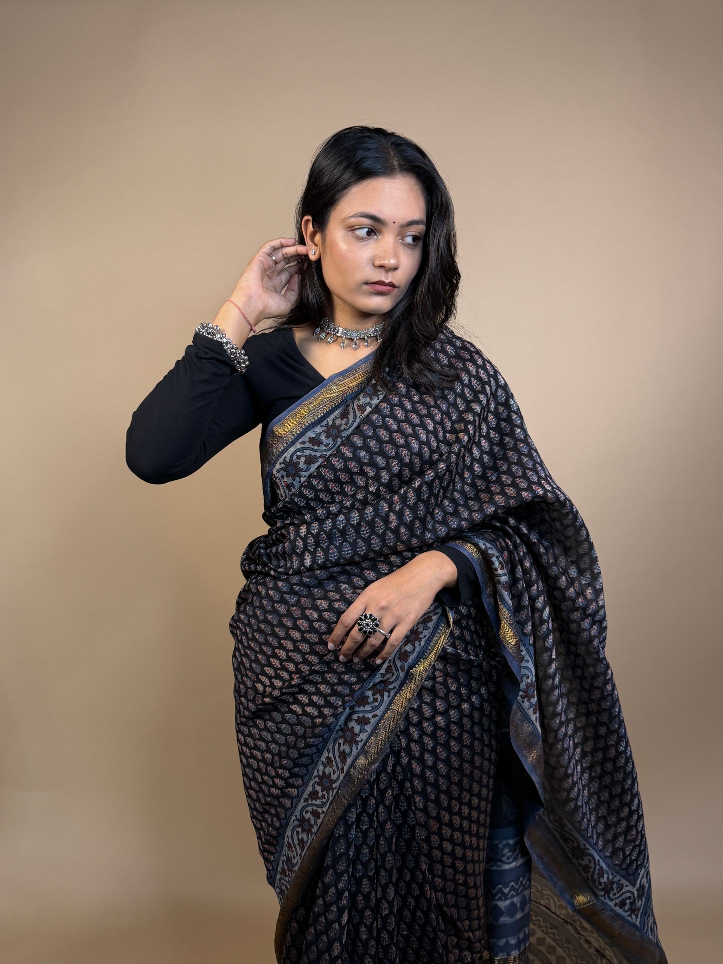 Maheshwari Handblock Printed Silk Saree