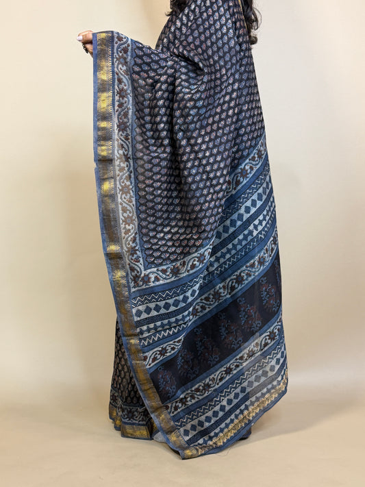 Black Maheshwari Handblock Printed Silk Saree