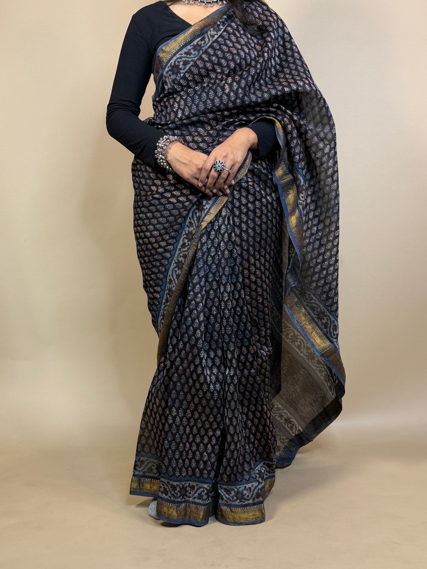 Maheshwari Handblock Printed Silk Saree