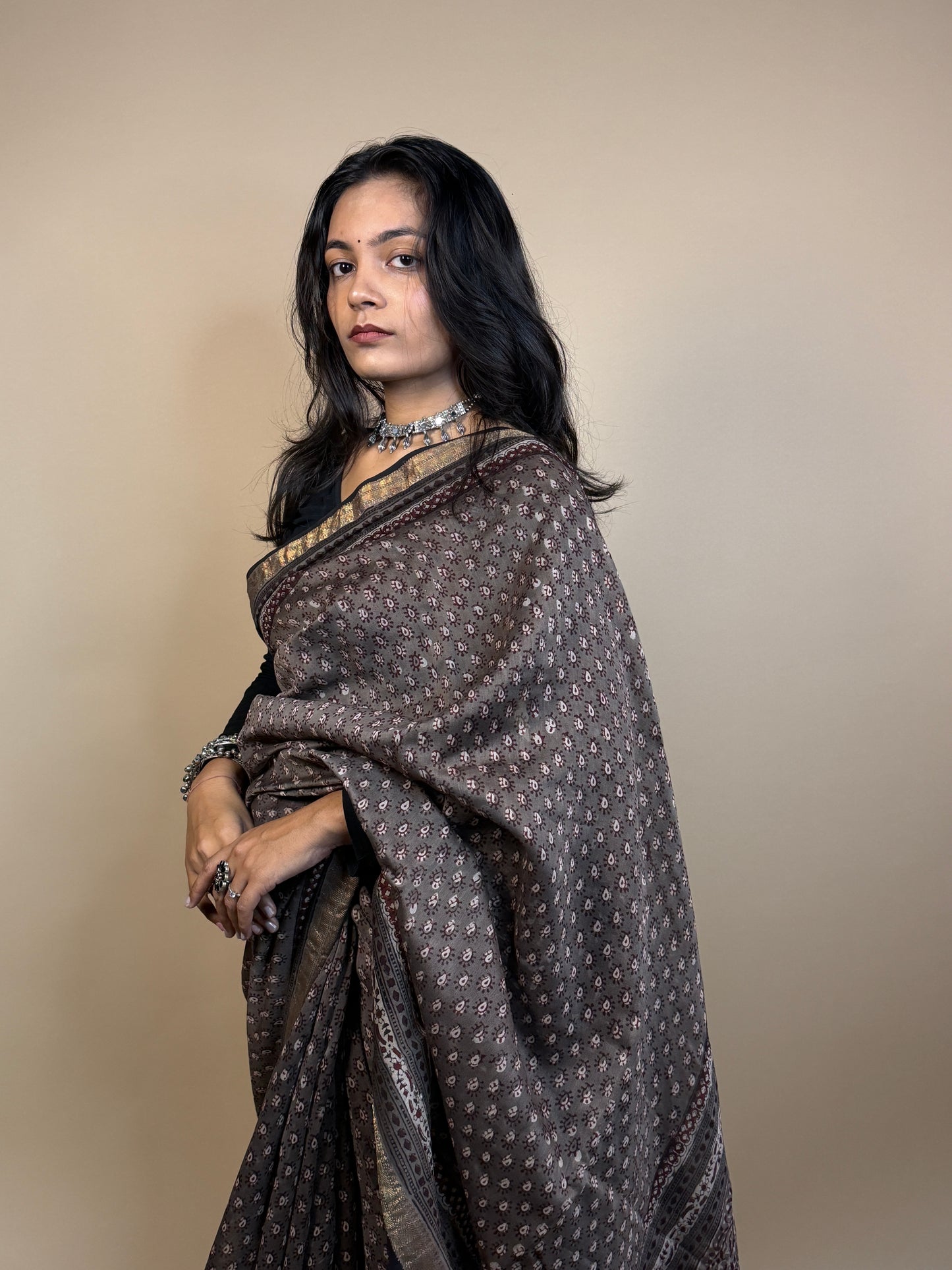Maheshwari Handblock Printed Silk Saree