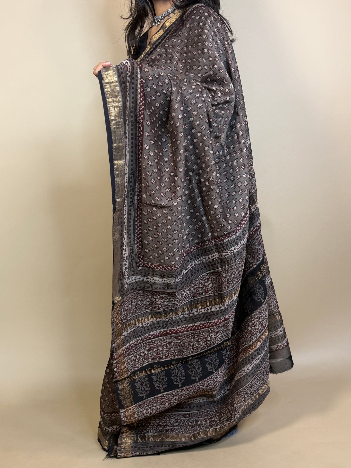 Maheshwari Handblock Printed Silk Saree