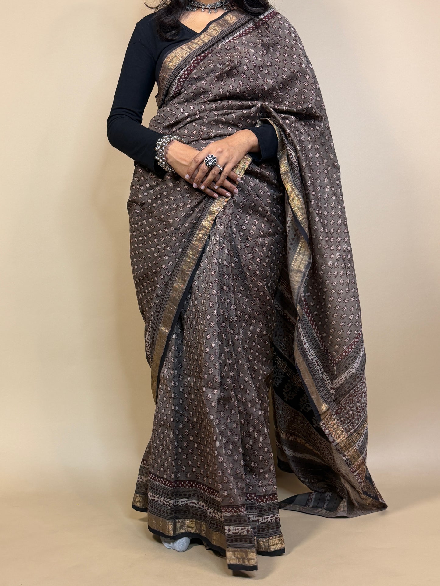 Maheshwari Handblock Printed Silk Saree