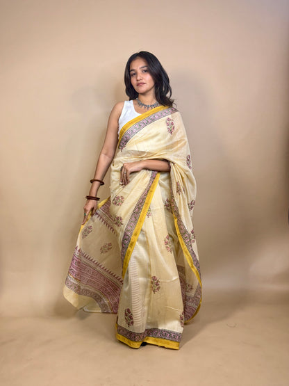 Anokhi Chanderi Handblock Printed Silk Saree