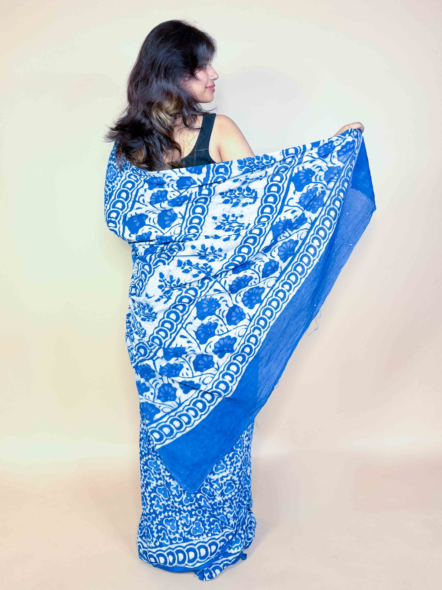Indigo Blue Handblock Printed Cotton Saree