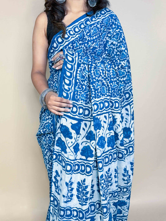 Indigo Blue Handblock Printed Cotton Saree