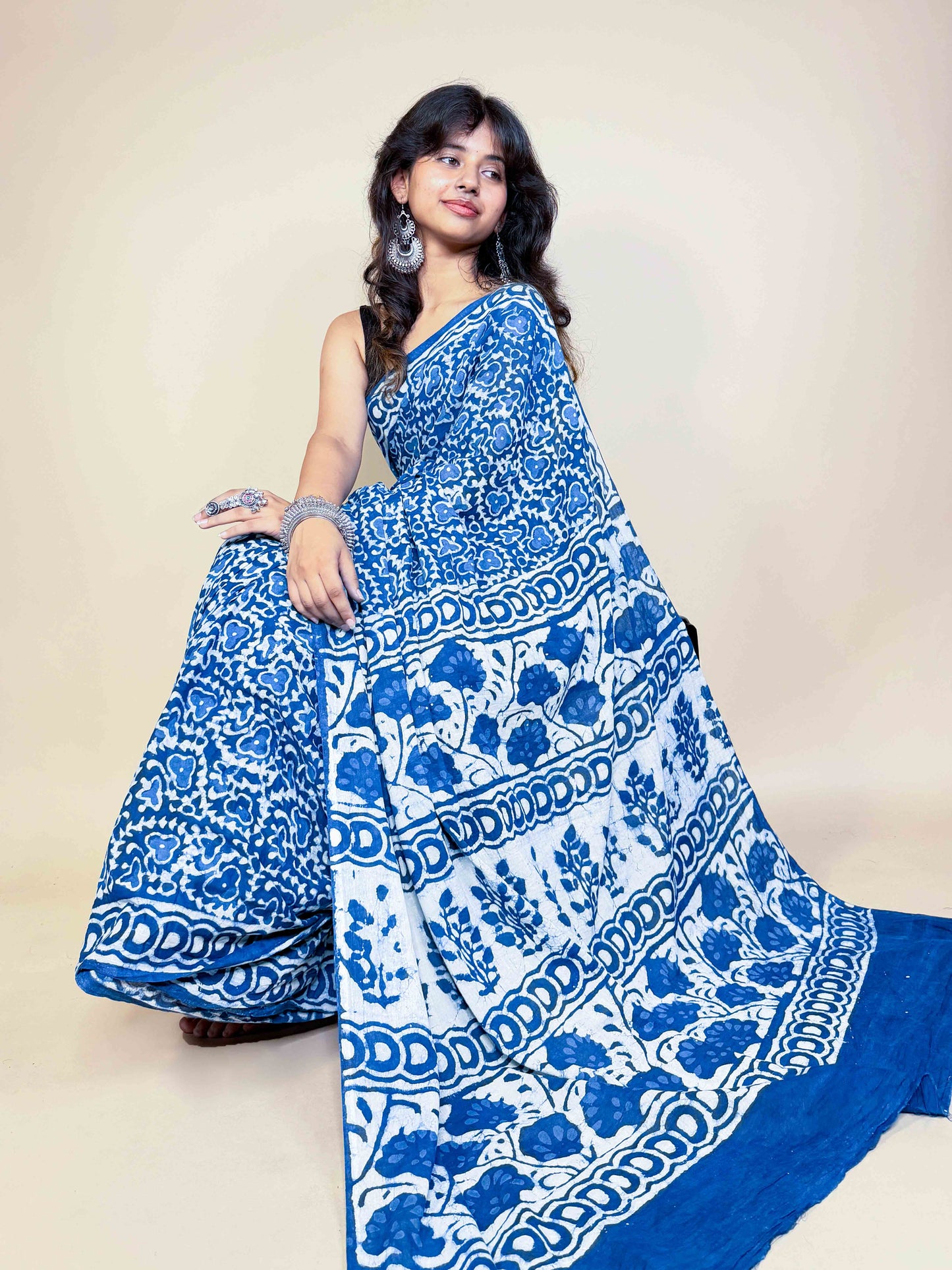 Indigo Blue Handblock Printed Cotton Saree