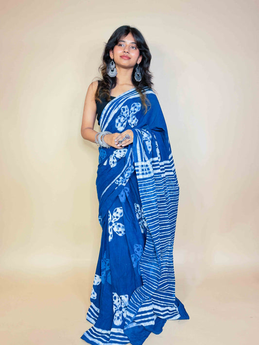 Indigo Blue Handblock Printed Cotton Saree