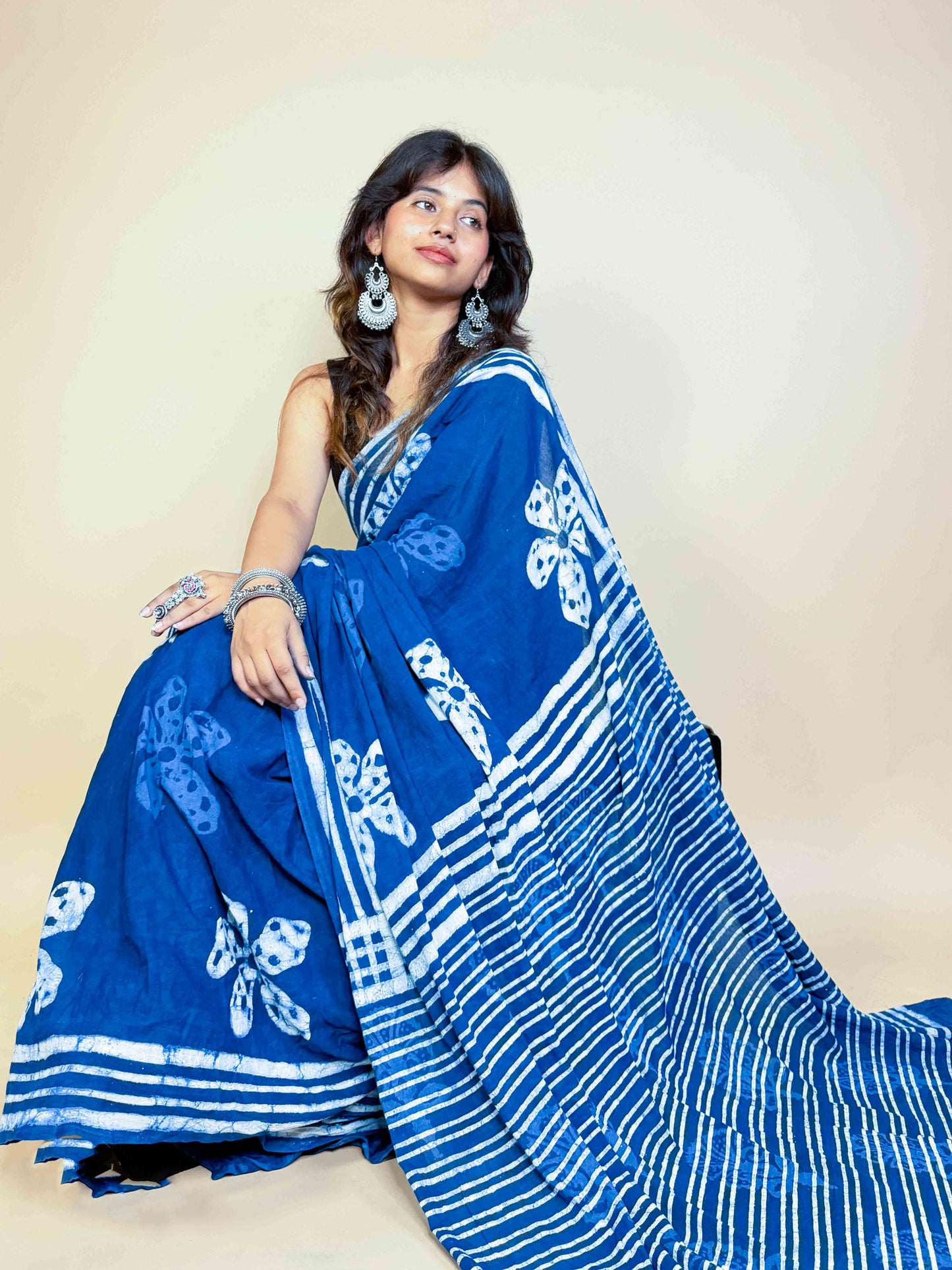 Indigo Blue Handblock Printed Cotton Saree