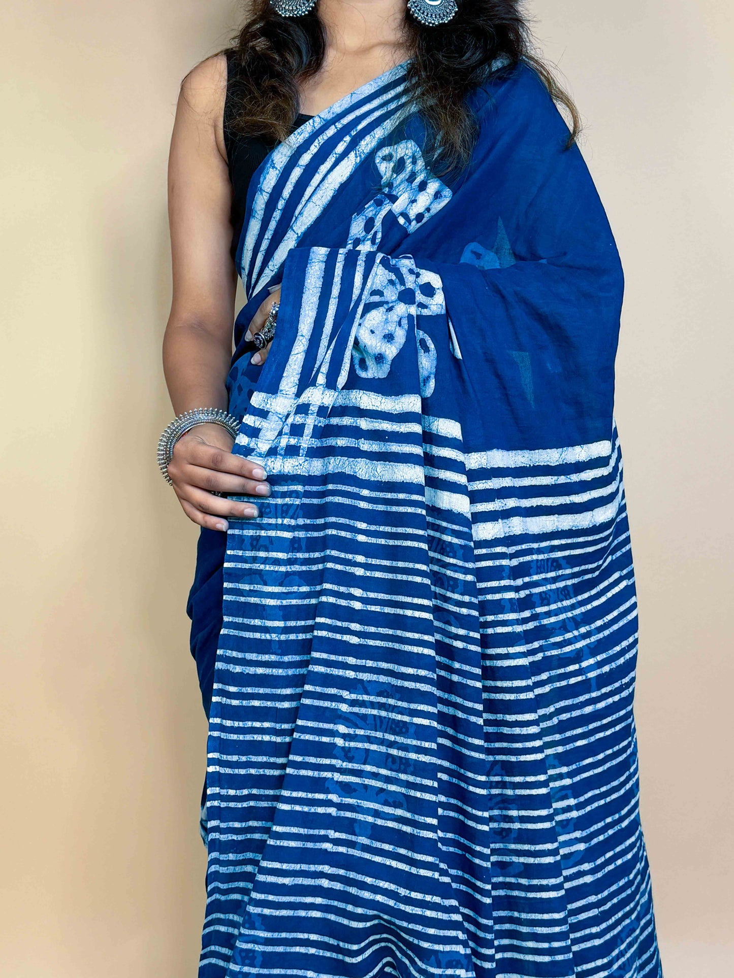 Indigo Blue Handblock Printed Cotton Saree