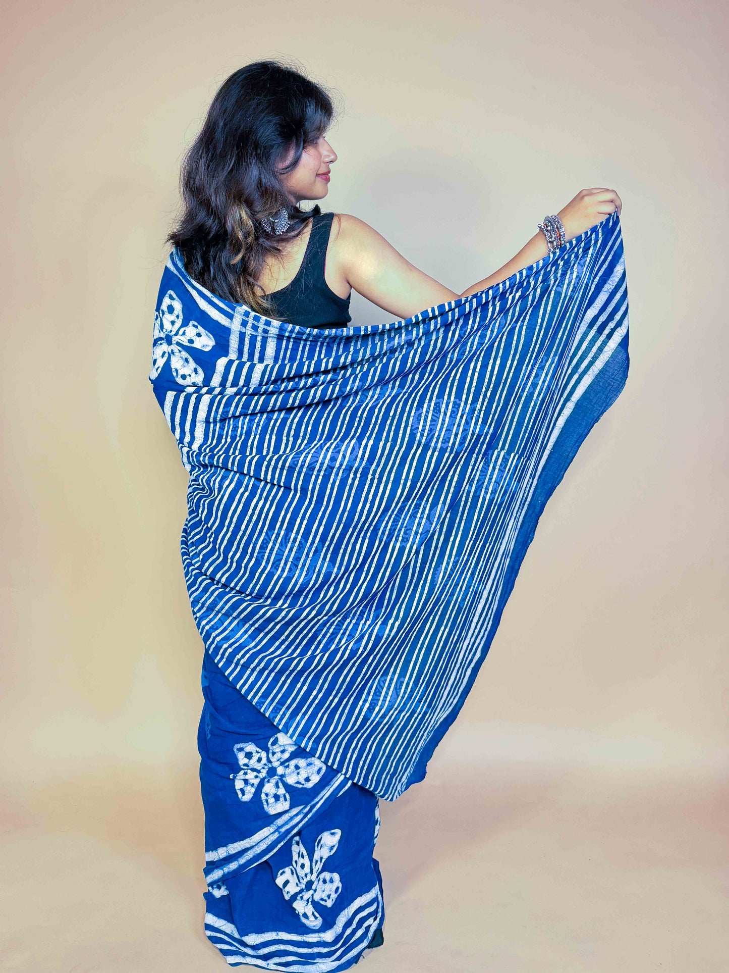 Indigo Blue Handblock Printed Cotton Saree