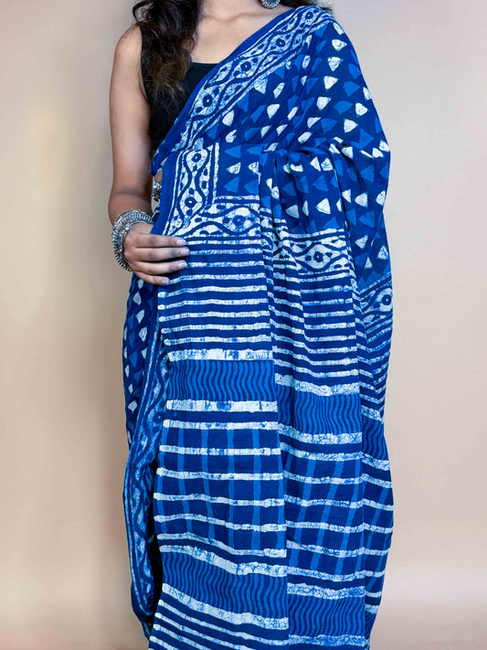 Indigo Blue Handblock Printed Cotton Saree