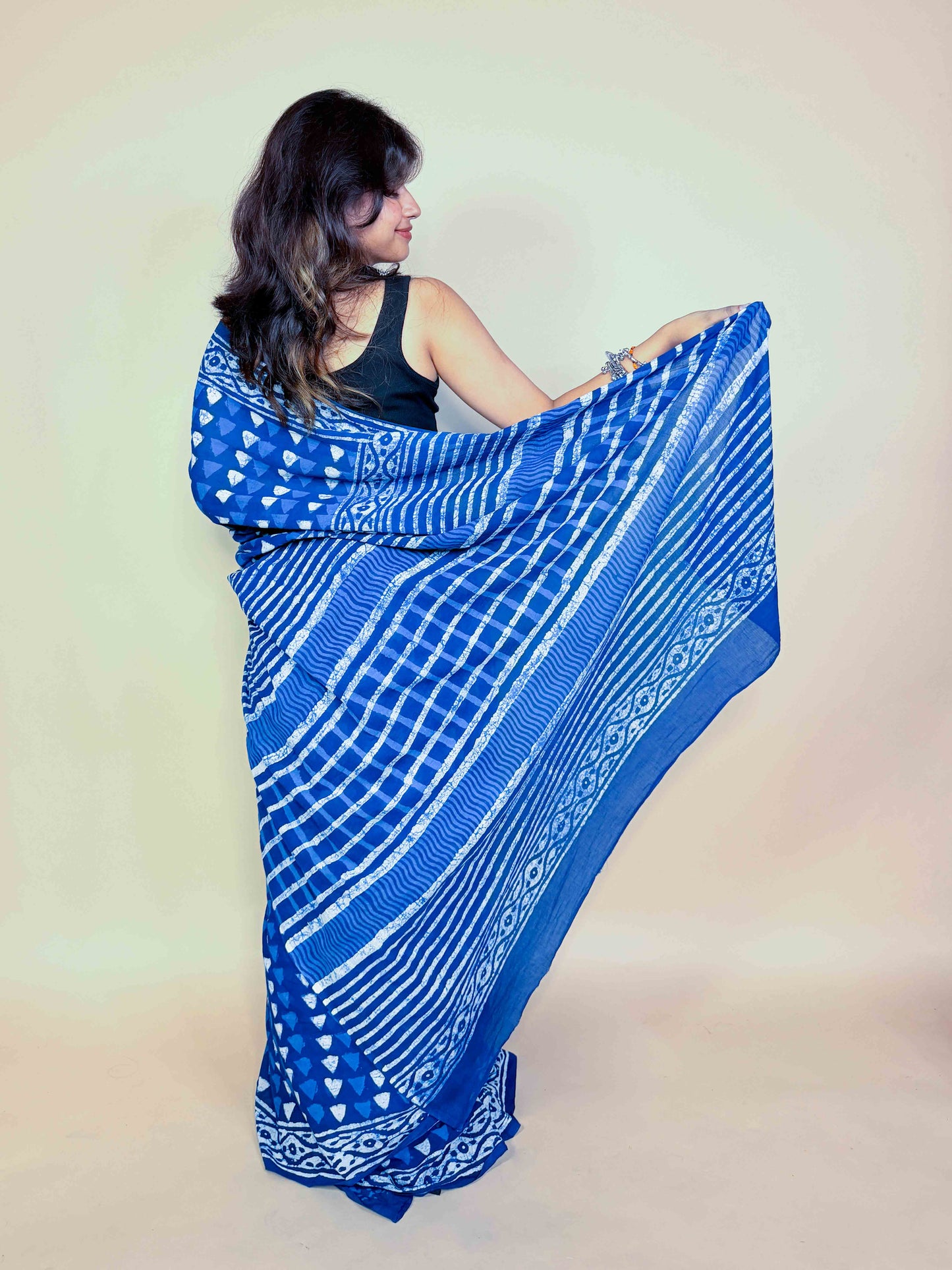 Indigo Blue Handblock Printed Cotton Saree