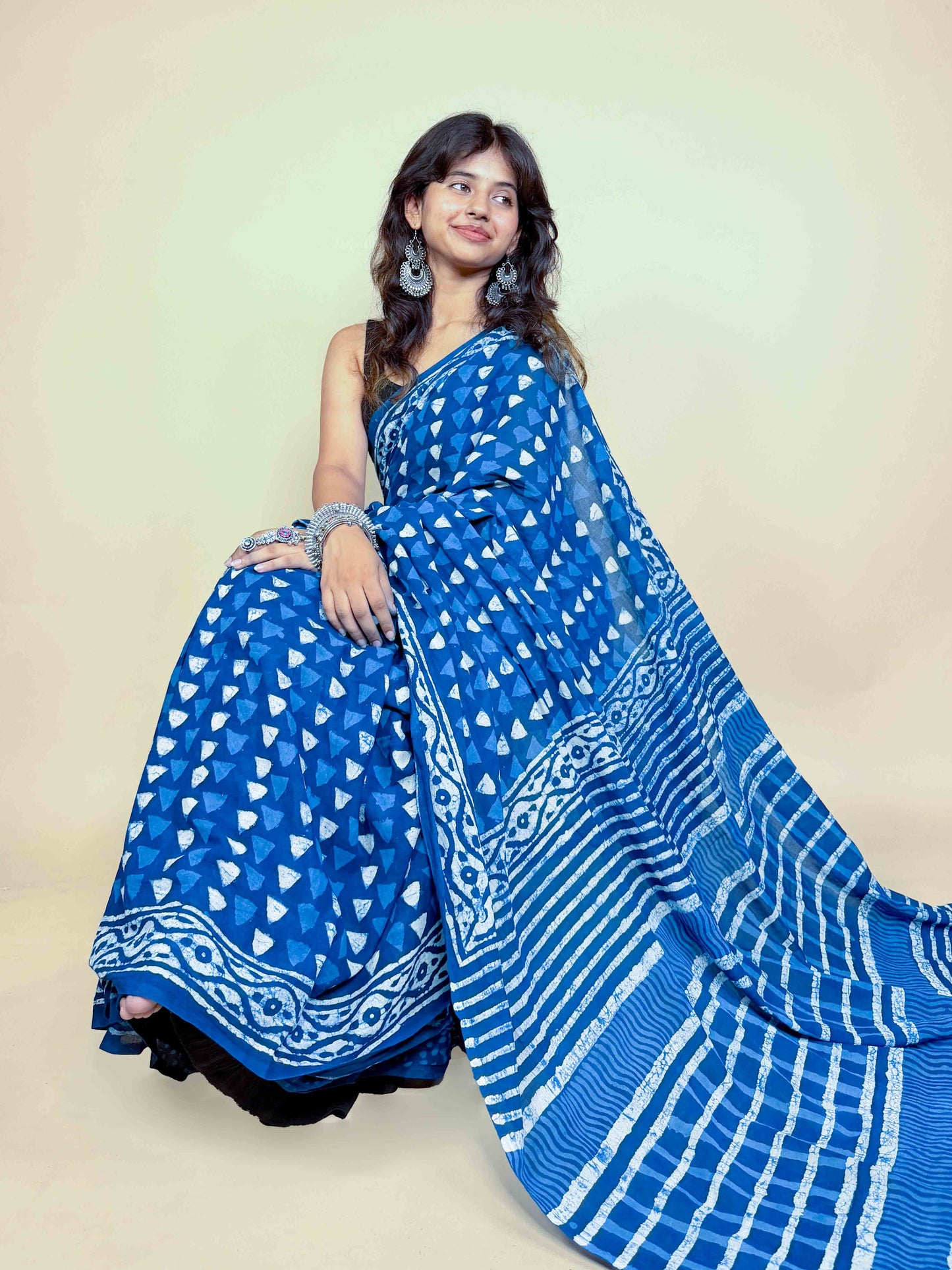 Indigo Blue Handblock Printed Cotton Saree