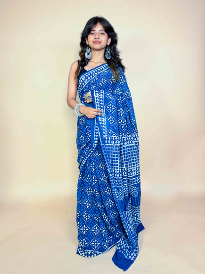 Indigo Blue Handblock Printed Cotton Saree
