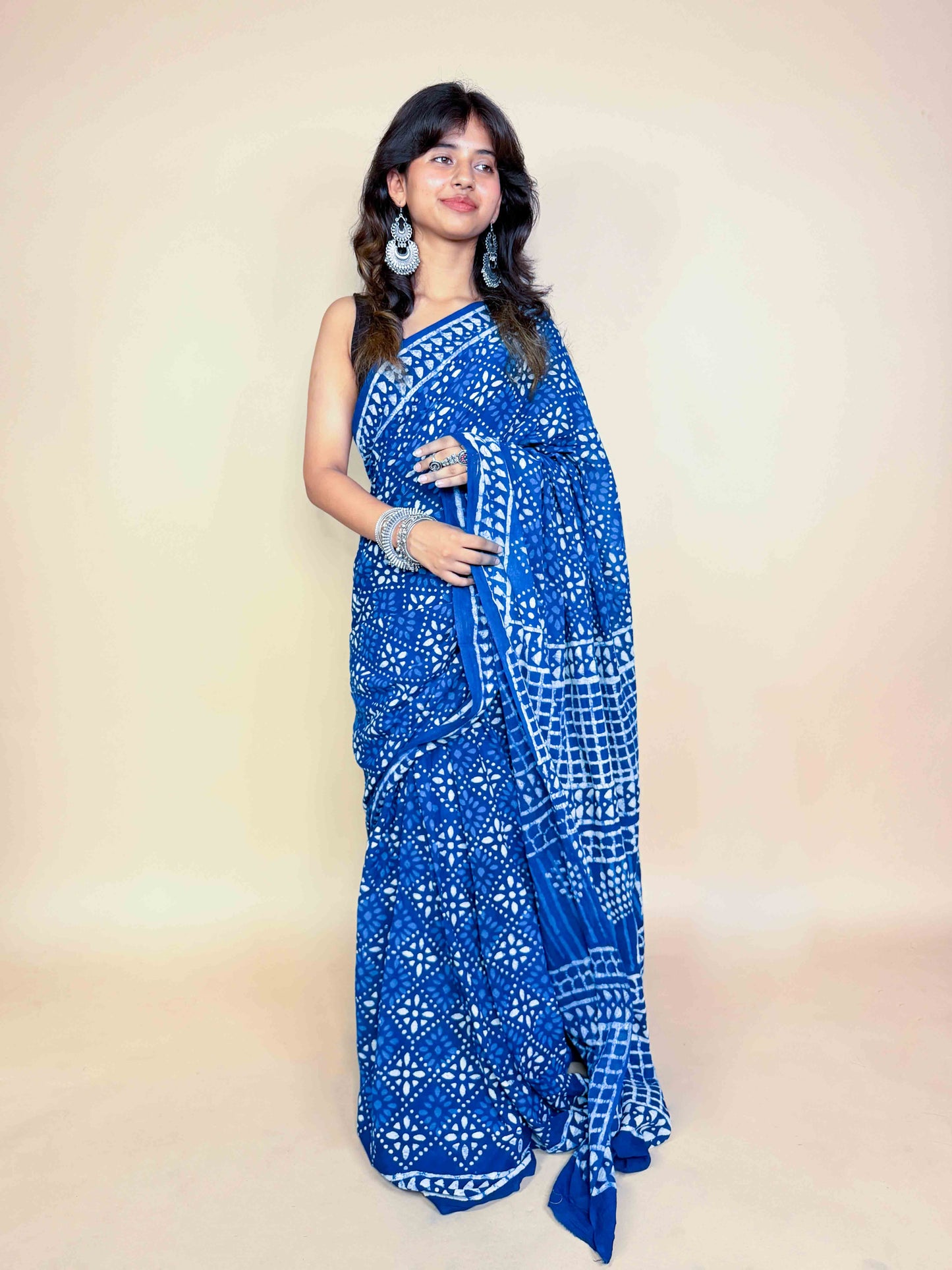 Indigo Blue Handblock Printed Cotton Saree