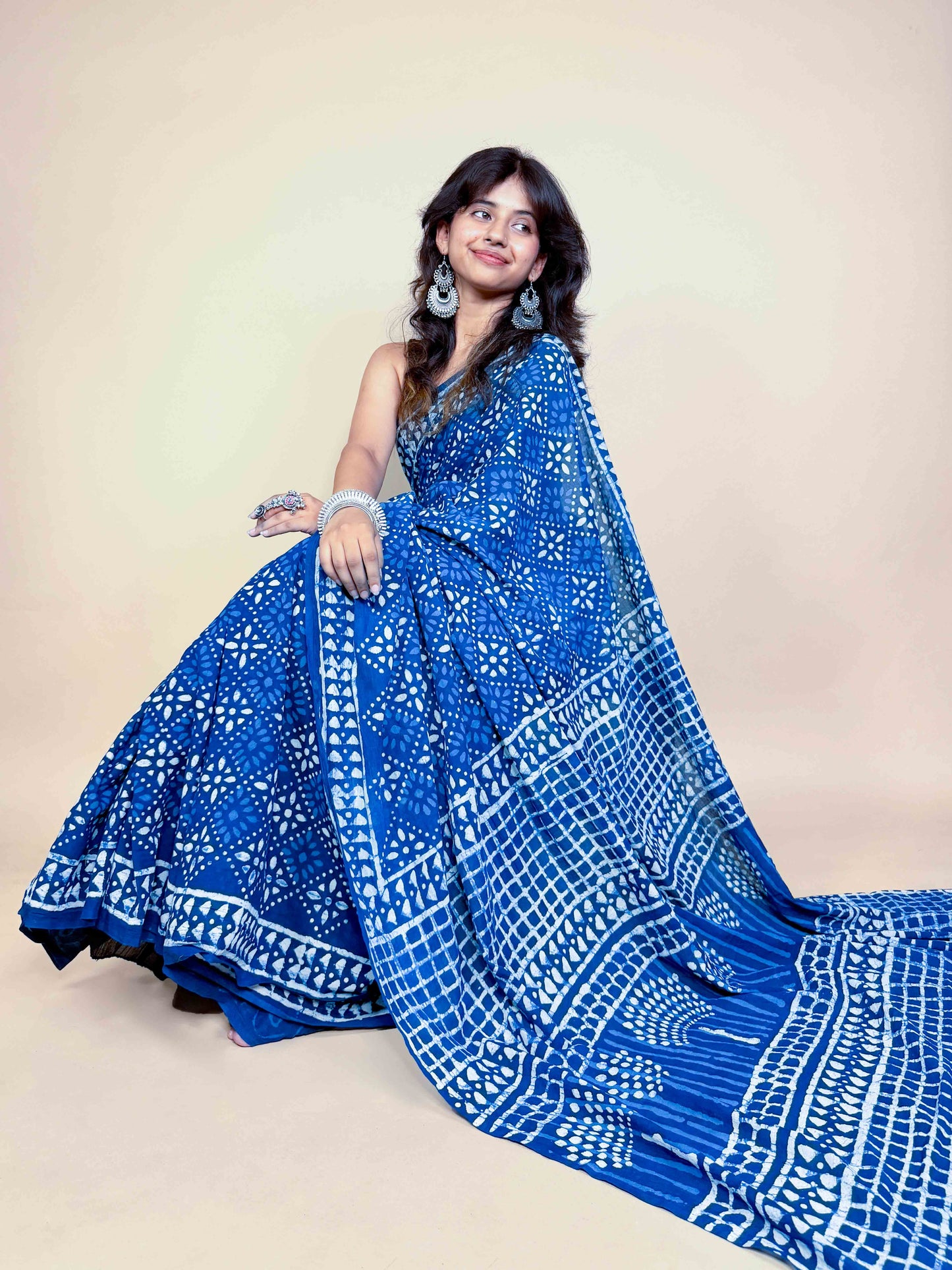 Indigo Blue Handblock Printed Cotton Saree