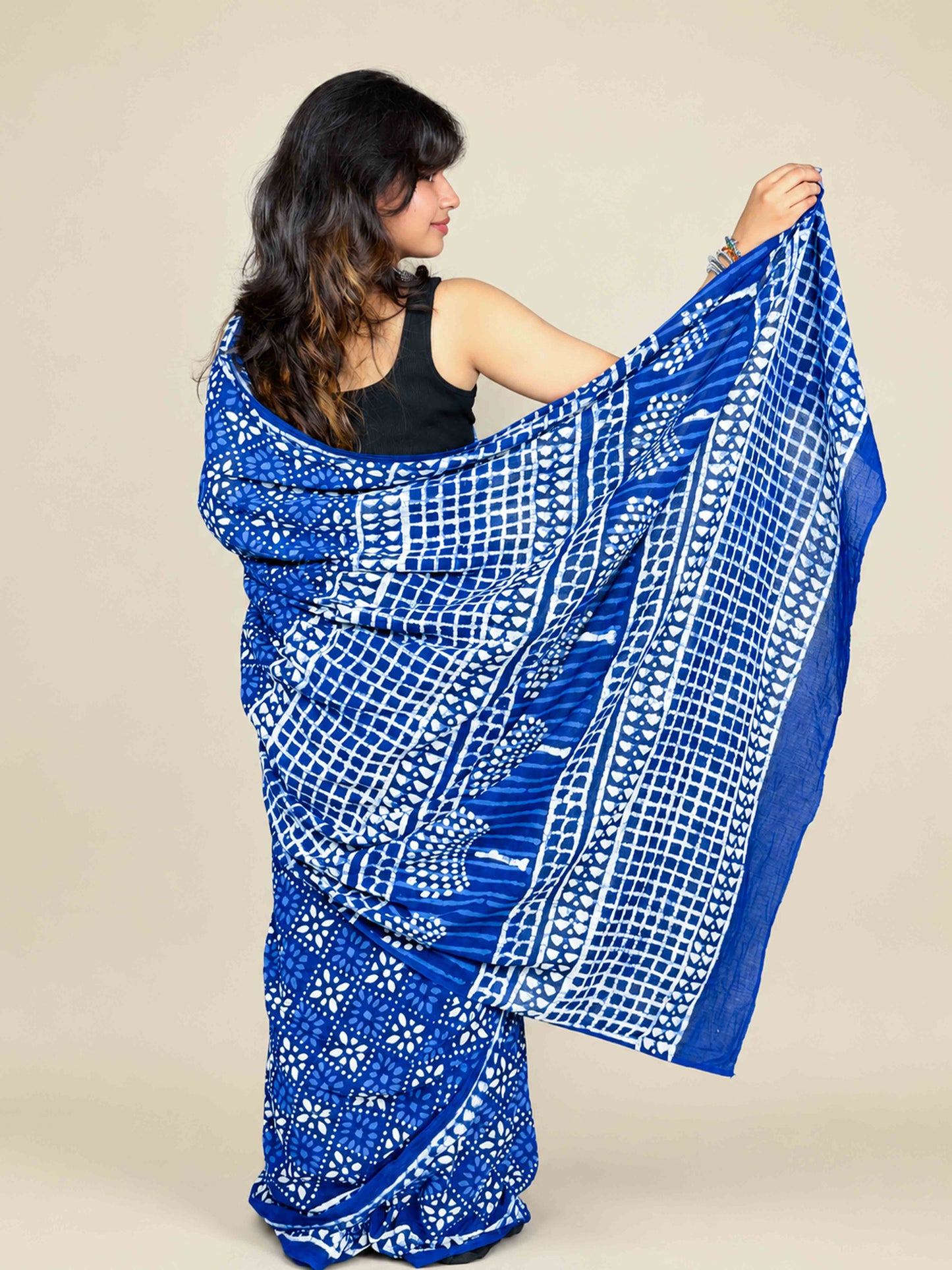 Indigo Blue Handblock Printed Cotton Saree