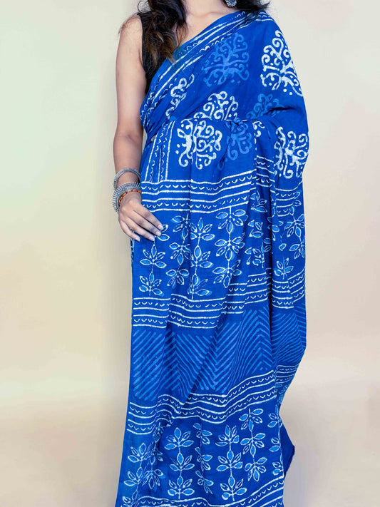 Indigo Blue Handblock Printed Cotton Saree